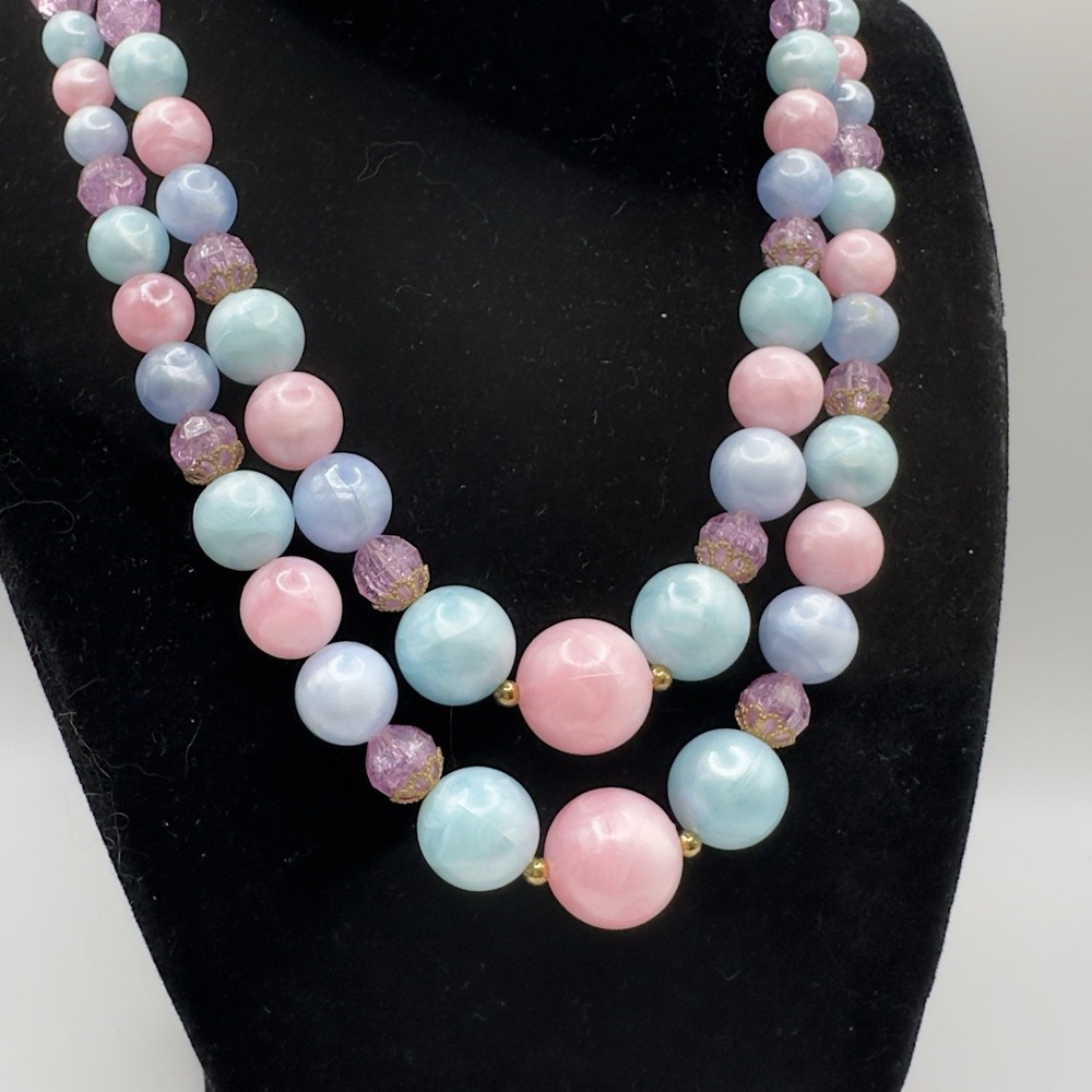 Vintage STAR Beaded Necklace Double Strand Bubble Gum Acrylic Adjust 14" - 17"